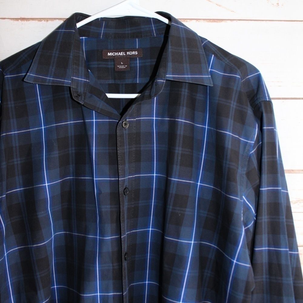 Michael Kors Men's Button Down Blue Plaid Shirt Large Long Sleeve